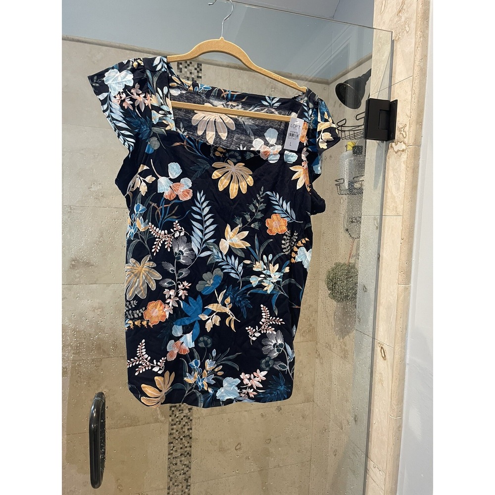 Ann Taylor LOFT Floral Blue Square Neck Flutter Sleeve Blouse Top Large NWT